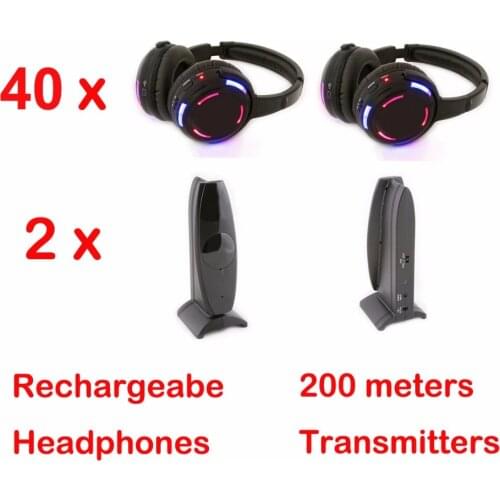 Professional Silent Disco system 40 LED flashing Headphones with 2 transmitters- RF Wireless For iPod MP3 DJ Music
