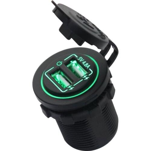 AS234L Engraving Dual Port Input USB Car Charger Socket 4.8A 5V With Green Light Touch Button Switch