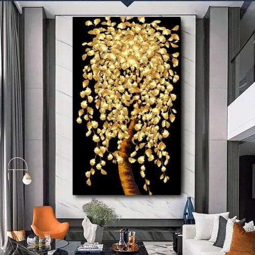 Modern Oil Painting Printed on Canvas Golden Yellow Rich Tree Flower Plant Art Posters and Prints Wall Picture for Living Room
