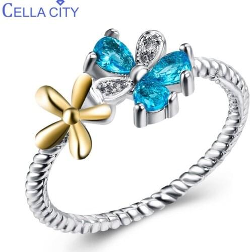 Cellacity Silver 925 Jewelry Gemstones Ring for Women Aquamarine Delicate Two Flowers Temperament Female Gift Szie6-10 Wholesale
