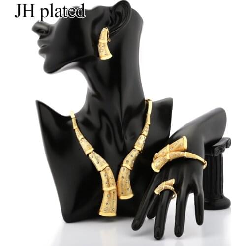 JHplated African Ethiopia Fashion new gold color jewelry women Wedding gift set Necklace Earring Ring bracelet sets