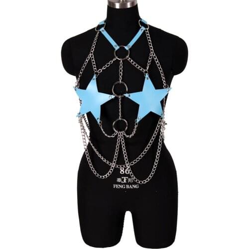 Chain Body Harness Bra Blue Leather Pentagram Sexy Body Cage Punk Goth Dance Festival Rave Women Crop Top Lingerie Adjustable