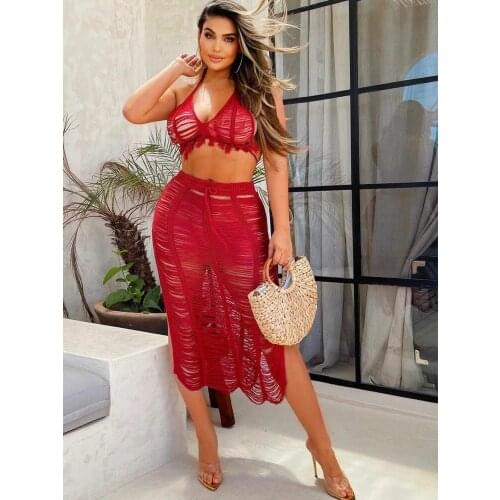 2pcs Crochet Skirt Set Women Tassel Crop Top And Split Skirt Sexy Thong Hollow-out High Waist Backless Knitted Beach Outfits
