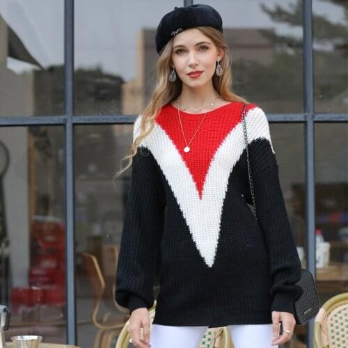 Womens V Shape Sweater Spring Autumn Female Long Sleeve O-neck Fashion Casual Loose Knitting Shirts Ladies Pullover Tops