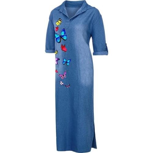 Summer Spring Fashion Denim Dress Butterflies Print 2021Casual Blue V-Neck Half Sleeve Maxi Dresses Plus Size Split Long Dresses