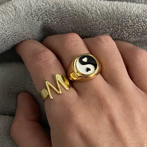 Vintage Yin Yang Ring for Women Stainless Steel Gold Cute Dripping Oil Double Heart Enamel Ring Finger Jewelry Gift Bijoxu Femme