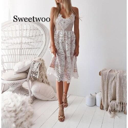 Women Lace Dress Hollow Out V Neck Open Back Solid Sexy Spaghetti Strap Knee Length Summer Sleeveless Dress Vestidos