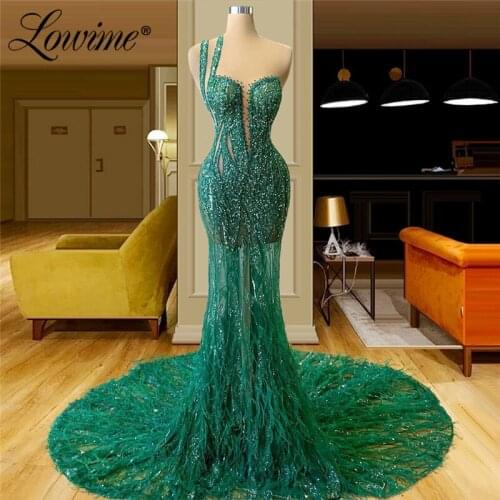 Lowime Long Green Feathers Evening Dresses Heavy Beading Mermaid Party Gowns 2021 Couture Mermaid Dubai Arabic Prom Dress Robes