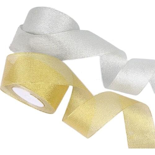 0.6-5cm Satin Ribbon Packaging Gift Gold Silver Glitter Embroidered Belt Webbing Cake Box Wrap Ribbon Party Accessories 25Yard