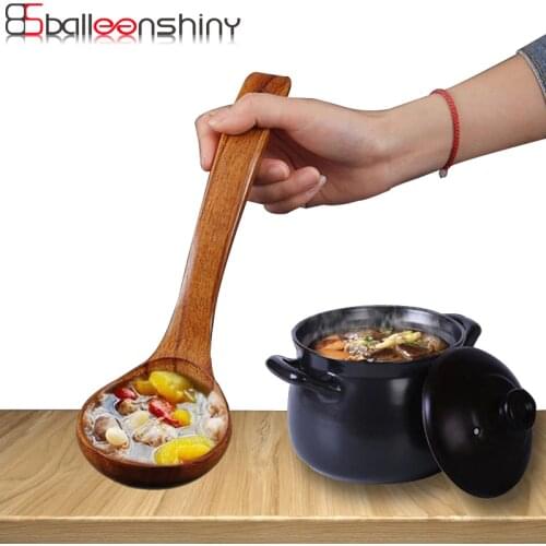 BalleenShiny Large Wooden Soup Spoon Long Handle Natural Soup Spoons Healthy Eco-Friendly Wood Tableware Kitchen Accessories
