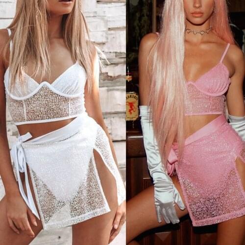 BKLD High Street 2021 Summer Fashion Rhinestone Patchwork 2 Pcs Set Sling Tops And Mini Lace Up Skirt Transparent Womens Suits