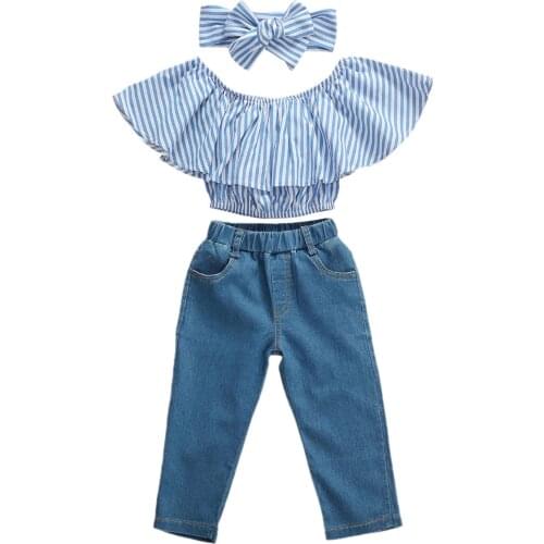 Citgeett Summer 3-7Years Kid Baby Girls Striped Clothes Set Off Shoulder Striped Top + Denim Set Clothing