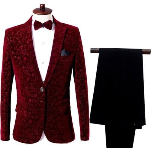 Tuxedos Suits & Blazer men Floral mens blazer jacket 2 pieces Jacket+Pants Wine red flowers wedding suits for men slim fit