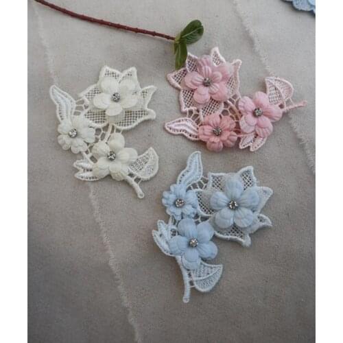 10 pieces pink blue off white cream lace appliques with 3D florals, 3D flowers beaded lace appliques for sewing accessories