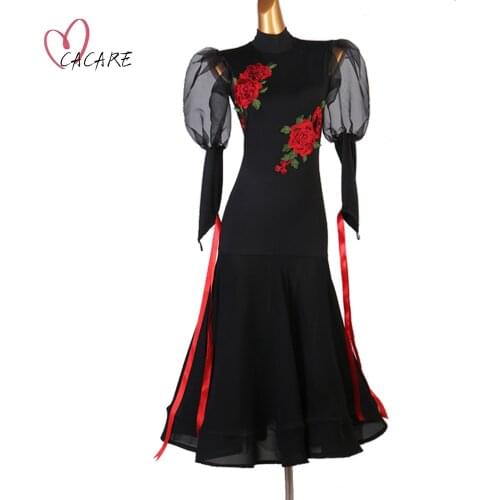 CACARE Ballroom Dance Competition Dresses Waltz Dress Standard Dance Dresses D0048 with Appliques Puff Mesh Sleeve Big Hem