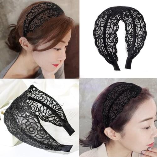Fashion Lace Wide Hollow Simple Black Cloth Hairbands Headwear For Women Hair Hoops Hair Accessories
