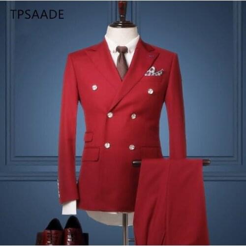 Mens tuxedo tuxedo groom red double-breasted wedding dress suit jacket + pants suit custom made