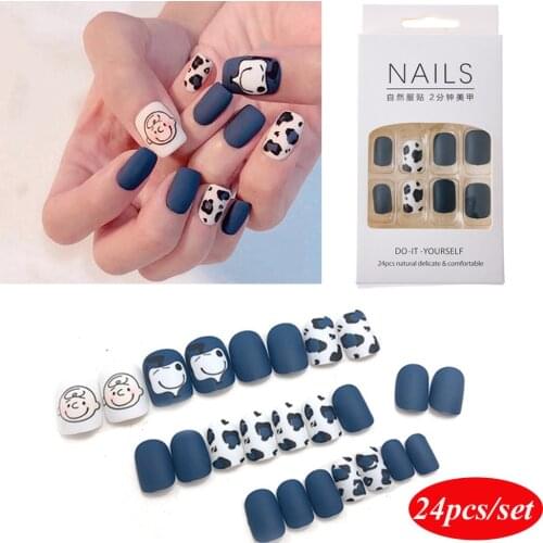 24pcs/set Wearable Fake Nails Press On Nail Art Tips Round Head Full Cover Short False Nails With Glue DIY Manicure Tool
