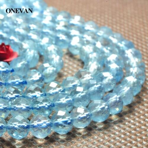 ONEVAN Natural A+ Aquamarine Faceted Round Loose Charm Beads 4mm Stone Bracelet Necklace Jewelry Making Diy Accessories Design