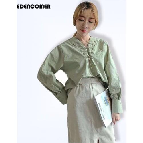 EDENCOMER 2019 New Spring Wear Design with V-collar Shirts Office Lady Cotton and Hemp Pure Color Shirt Women Long Sleeve Tops