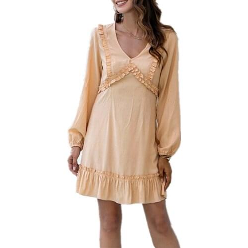 Pdfmily Elegant Fashion Dresses Women Autumn Sweet High Waist Solid Long Puff Sleeve V-Neck Ruffles A Line Casual Mini Dress