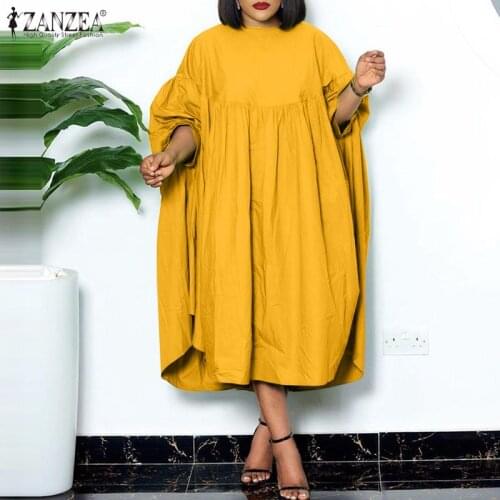 ZANZEA Fashion Women Dress 2021 Summer Pleated Mid Length Vestidos Casual Solid Puff Sleeve Sundress Lady Loose Robe