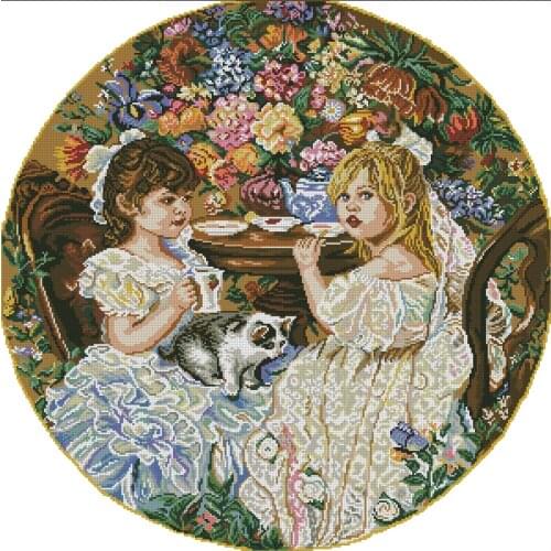 Needlework,Embroidery,DIY Sweet Girl Lovely and Cat 14CT Unprinted Cross stitch kit,Art People Pattern Cross-Stitching decor
