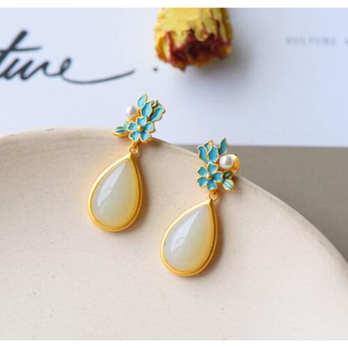 S925 Sterling Silver Inlaid Natural Hetian Jade Water Drop Burning Blue Earrings Embellished Pearl White Jade Earrings Retro Sty
