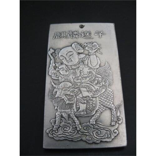 Old Tibet silver Kirin SongZi buddha statue thangka plate