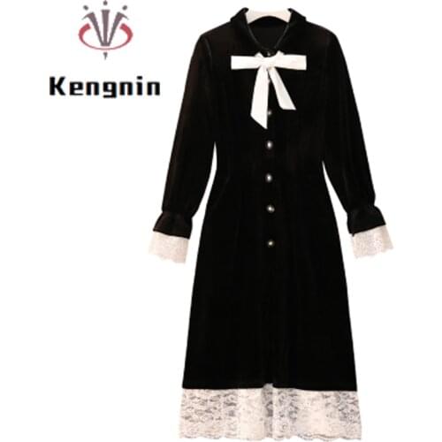 Loose Obersized 4XL Womens Dresses 2021 Autumn Long Sleeve Print Ladies Vestidos Dresses Lace Ruffles Black Dress Robe KE1698