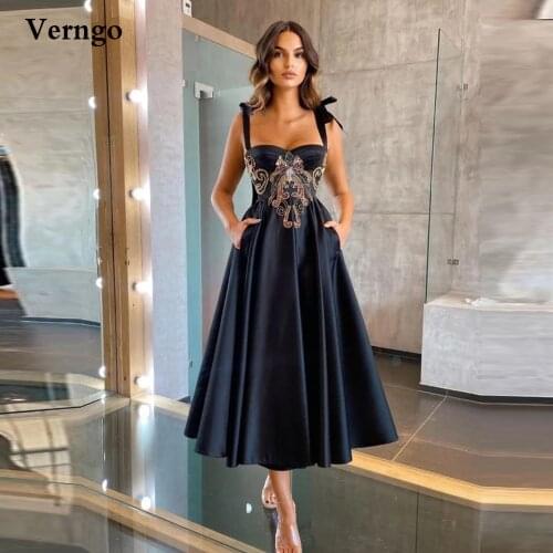 Verngo Navy Blue Satin Evening Party Dresses Applique Pattern Straps Tied Short Prom Gowns Tea Length Graduation Dress