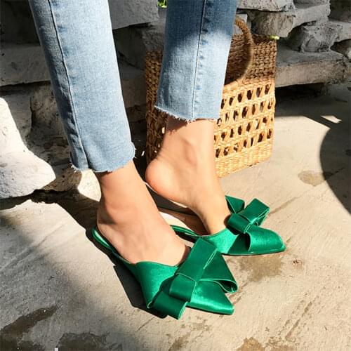 Spring and Summer Womens Shoes Korean Silk Satin Pointed Bow Tie Sandals Baotou Flat Heel Sets Semi Slippers