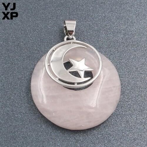 YJXP Silver Plated Round Hollow Natural Rose Pink Quartz with Star Pendant Half Moon Vintage Jewelry
