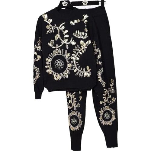 Autumn 2 Piece Sets Women Gold Leaf Flower Embroidery Sequin Knitted Sweater Casual Trouser LO Women‘s Two Piece Outfits