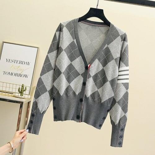 V Neck Women Button Black Houndstooth Cardigan 2021 Long Sleeve Sweater Autumn Winter Knitted Loose Oversized Jumper Casual