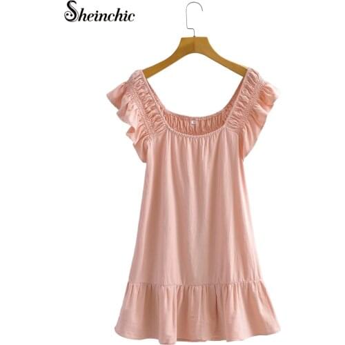 Ruffle Sleeve Soild Pink Summer Dress Woman 2021 Loose Casual Short Sleeve Dresses for Women Fashion Beach Dress