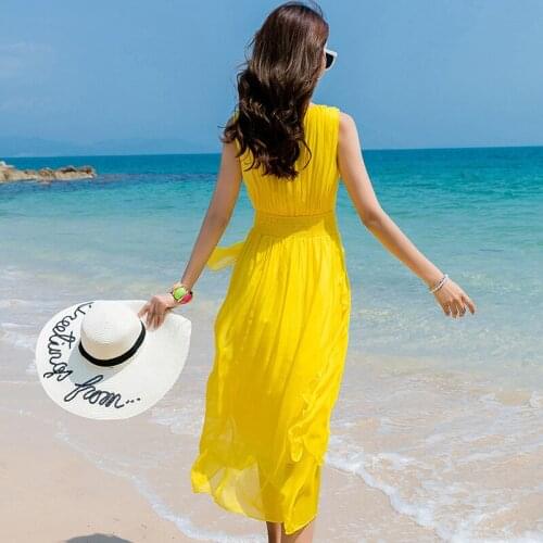 Female Silk 2020 Real Summer Beach Yellow Dress Elegant Korean Long Dresses Maxi Party Sleeveless Vestido ALZJB-2226 KJ
