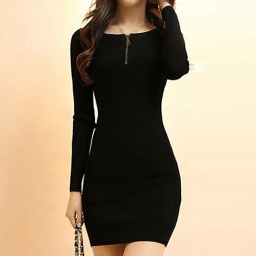 Sweater Dress Autumn Winter Women Fashion Elastic Zipper Pullovers Bodycon Brief Solid Color Basic Knitted Sweater Dress 1093