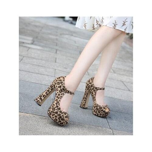 2020 NEW Pumps Shoes Woman Leopard High Heels 14CM Ladies Shoes Waterproof Table Round Toe Shallow Korean Lady Wedding Shoes
