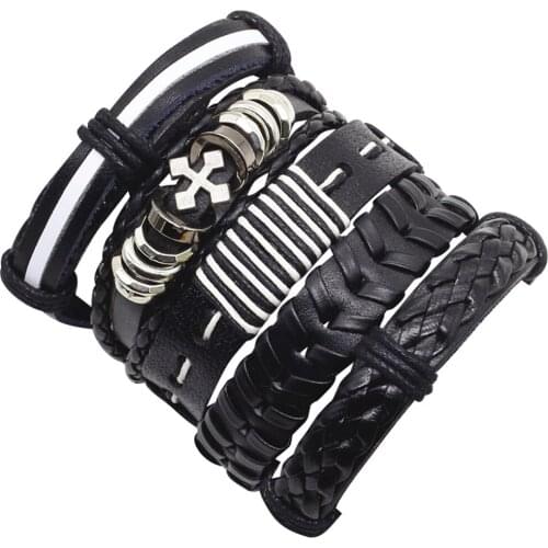 6pcs/set Brown Cross Combination Wrap Handmade Vintage Cuff Bangle Genuine Leather Bracelets Men Women Jewelry Accessories