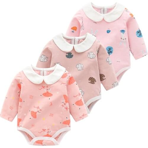 Infant Bodysuit Autumn New Baby Girls Clothing Pink Long Sleeve Cartoon Rabbits Peter Pan Collar Outwear Playsuits For Newborn