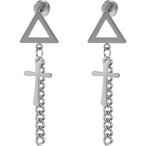 Boniskiss Unisex Geometric Triangle Cross Tassel Earrings Stainless Steel Link Chain Drop Dangle Earring For Men Women