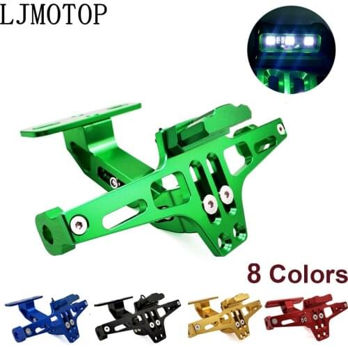 Motorcycle License Plate Frame Holder Adjustable Angle + LED Light CNC For Kawasaki KX450F KX100 KLX125 KLX250 KDX125 KDX250