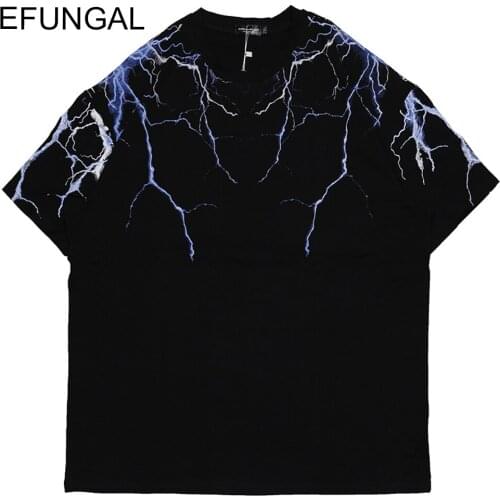 EFUNGAL Hip Hop Summer Tshirts Men Lightning Print Fashion Short Sleeve 2021 Cotton Tops Streetwear Harajuku Oversized T Shirt