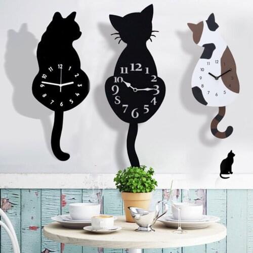 Swinging Cat Tail Wall Clock Acrylic Clock Wall Kitten Timekeeper Sticker 12 hours Needle Display Time Reminder