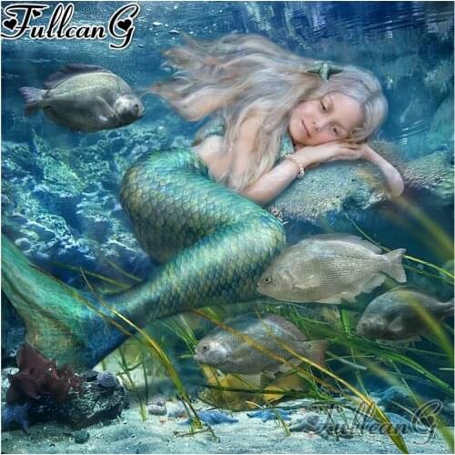 FULLCANG Cute little mermaid diy full square round drill diamond painting 5d diamond mazayka embroidery sale home decor FC2520