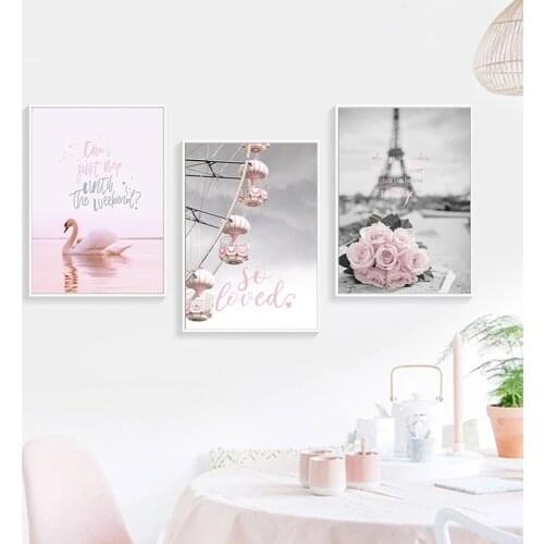Eiffel Tower Girl Wall Art Canvas Fashion Poster Pink City Landscape Print Painting Nordic Decoration Picture Living Room Decor