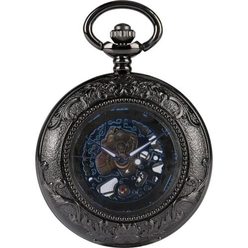 Classic Black Skeleton Mechanical Hand Wind Poket Watch Transparent Glass Cover Steampunk Roman Number Clock Fob Pendant Watches