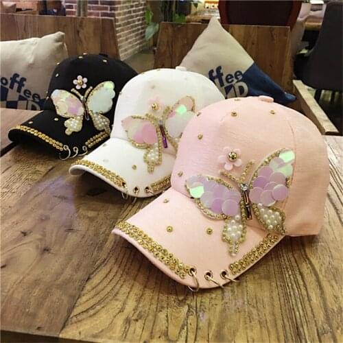 Summer Tourist Hat Plain Cotton Women Metal Baseball Cap Snapback Hip Hop Caps Casual Pearl Butterfly Sequins Baseball Caps Hats