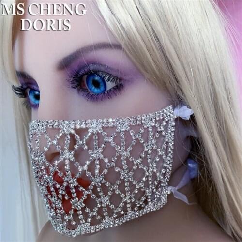 MSCHENGDORIS Spring New Mesh Bling Rhinestone Jewelry Mask Sexynight Club Summer Party Veil Yashmak Hyperbole Copper